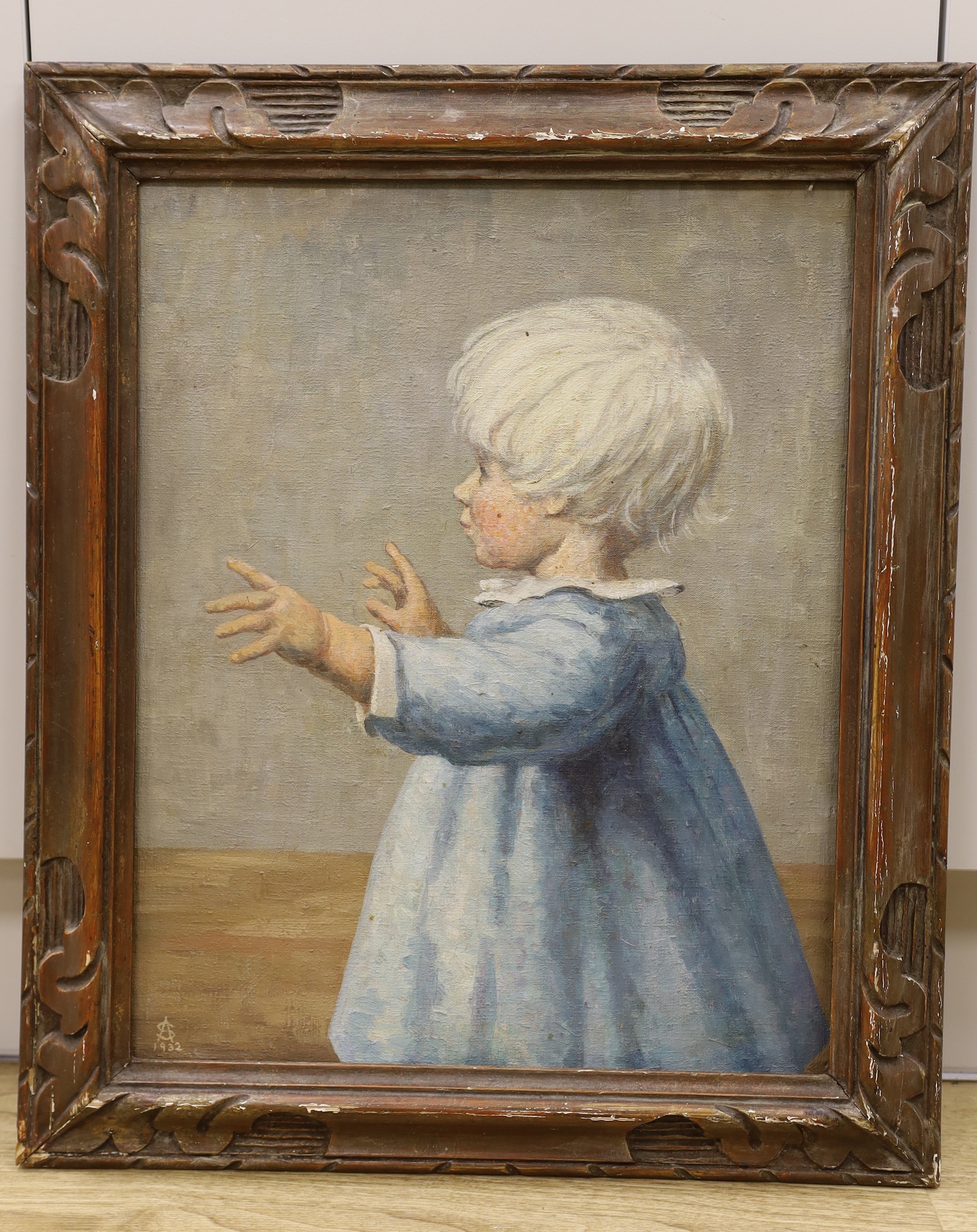 Annie Louisa Swynnerton (1844-1933) - oil on canvas, three-quarter length portrait of a young child, monogrammed AS and dated 1932, 49 x 39cm